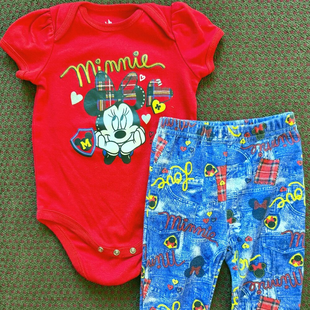 Disney Minnie Mouse Outfit Set Baby Girl 3-6 Months Red Bodysuit Leggings